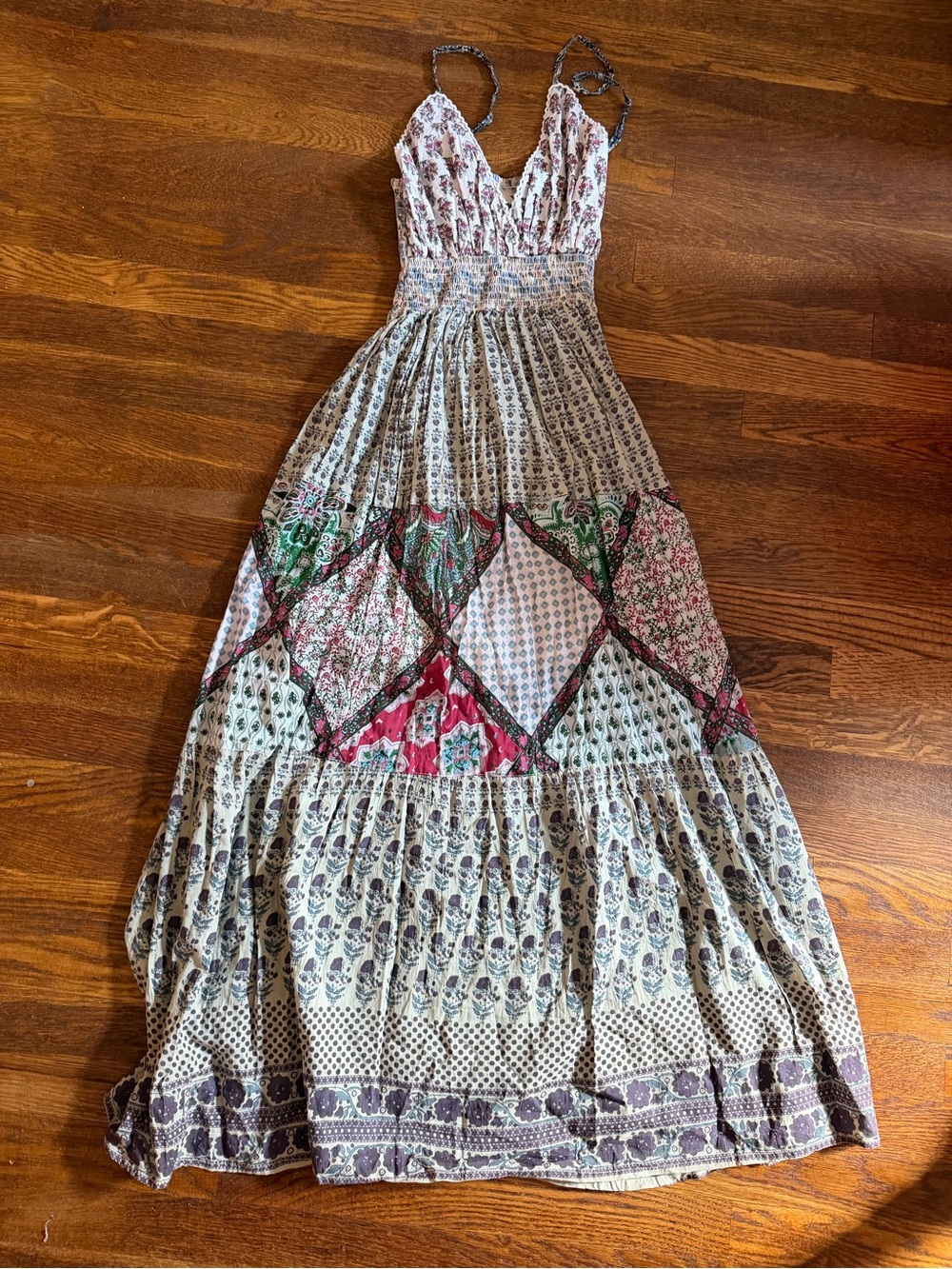 Smocked V-Neck Patchwork Maxi Dress in Cream and Pink